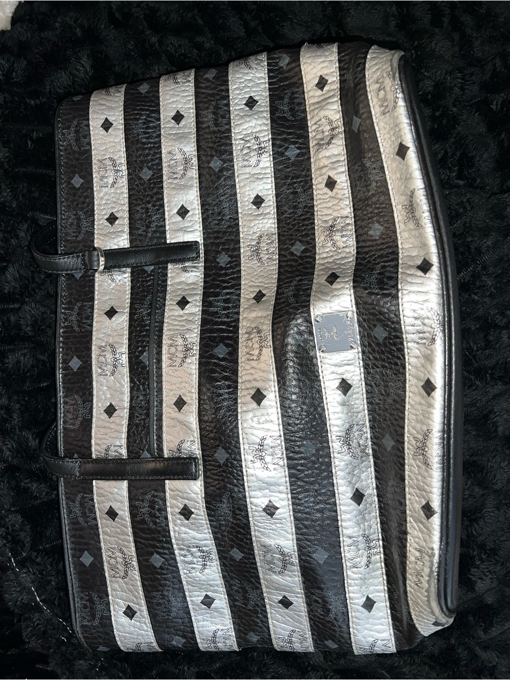 MCM Black and Silver Striped Logo Tote